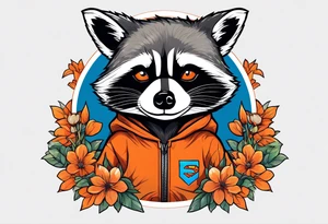 raccoon wearing a Superman hoodie with orange blossoms tattoo idea