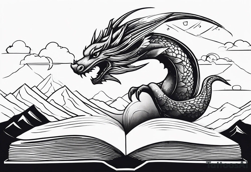 An open magic book. a tiny dragon with four legs flying in the sky. three mountains coming out of the book tattoo idea