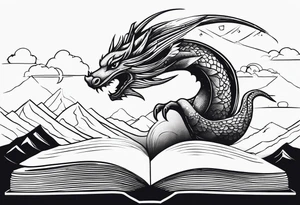 An open magic book. a tiny dragon with four legs flying in the sky. three mountains coming out of the book tattoo idea