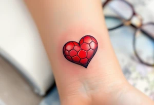 A small heart-shaped red soccer ball stitched like leather, symbolizing love for the game. tattoo idea