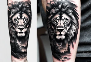 realistic 
black and gray forearm sleeve tattoo where a lion is entering a forest and turning his head back tattoo idea