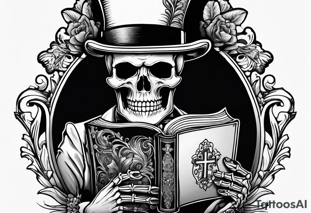 skeleton wearing a top hat holding a bible tattoo idea