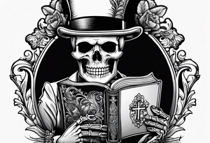 skeleton wearing a top hat holding a bible tattoo idea
