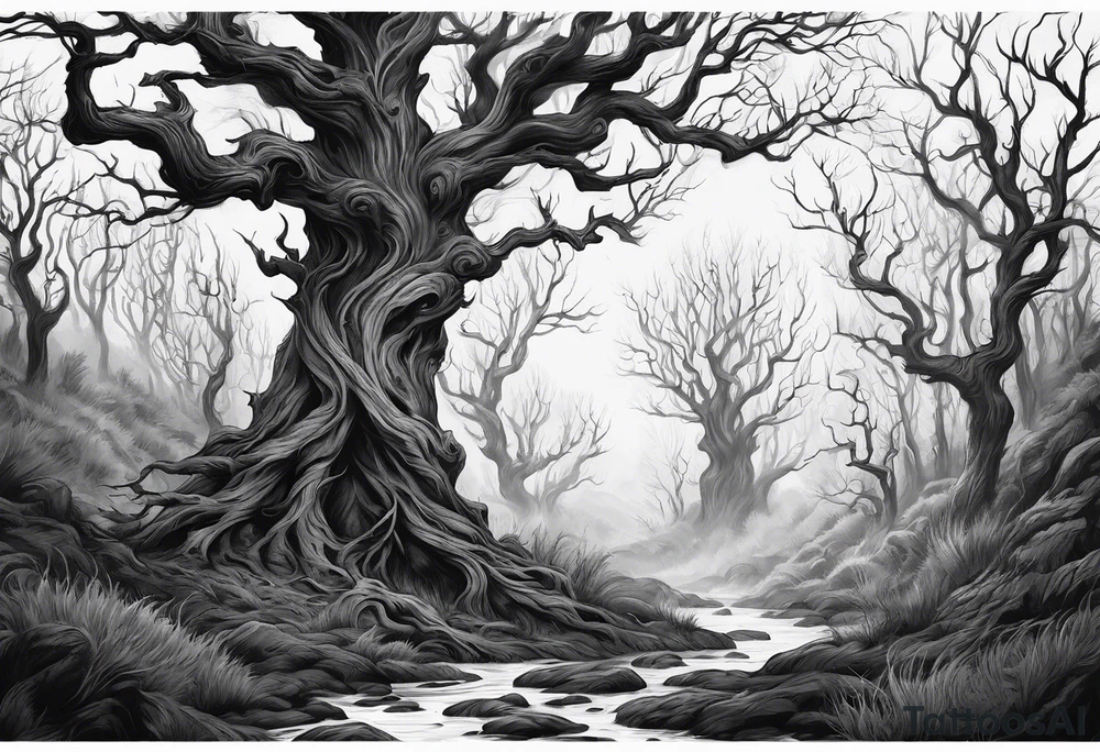 Leshy creepy trees tall tattoo idea