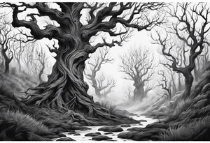 Leshy creepy trees tall tattoo idea
