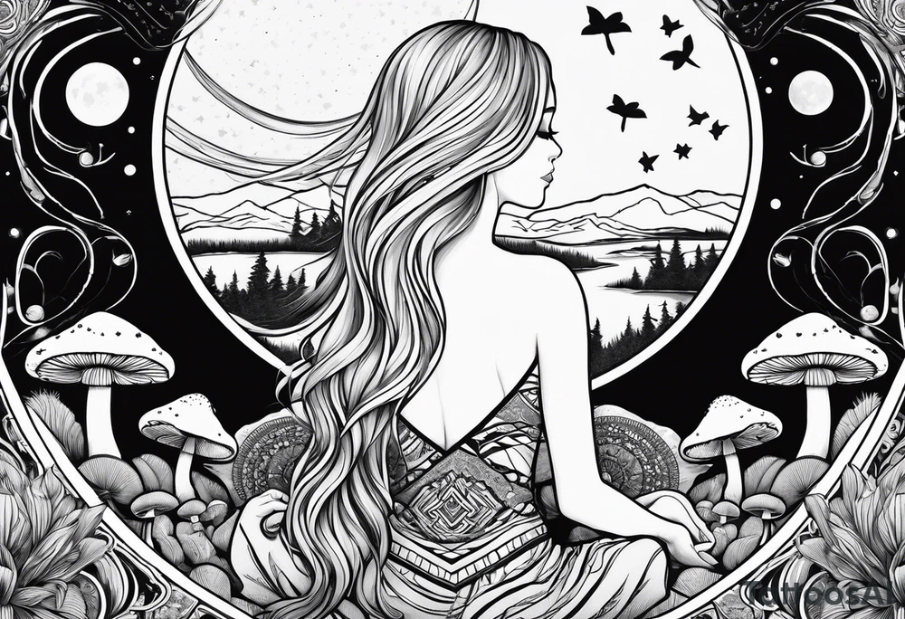 Straight blonde hair girl meditating facing away toward mountains surrounded by mushrooms crescent moon mandala circular design black and white striped dress tattoo idea