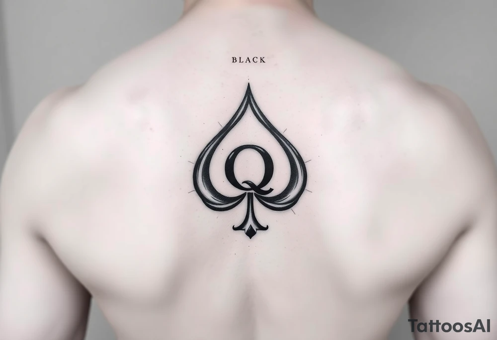 A spade womb tattoo with a Q in the center, with three points around the outside. The first reading, "BLACK". The second reading, "SEED". The third reading, "ONLY". tattoo idea