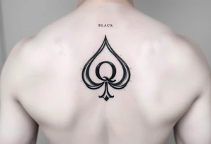 A spade womb tattoo with a Q in the center, with three points around the outside. The first reading, "BLACK". The second reading, "SEED". The third reading, "ONLY". tattoo idea