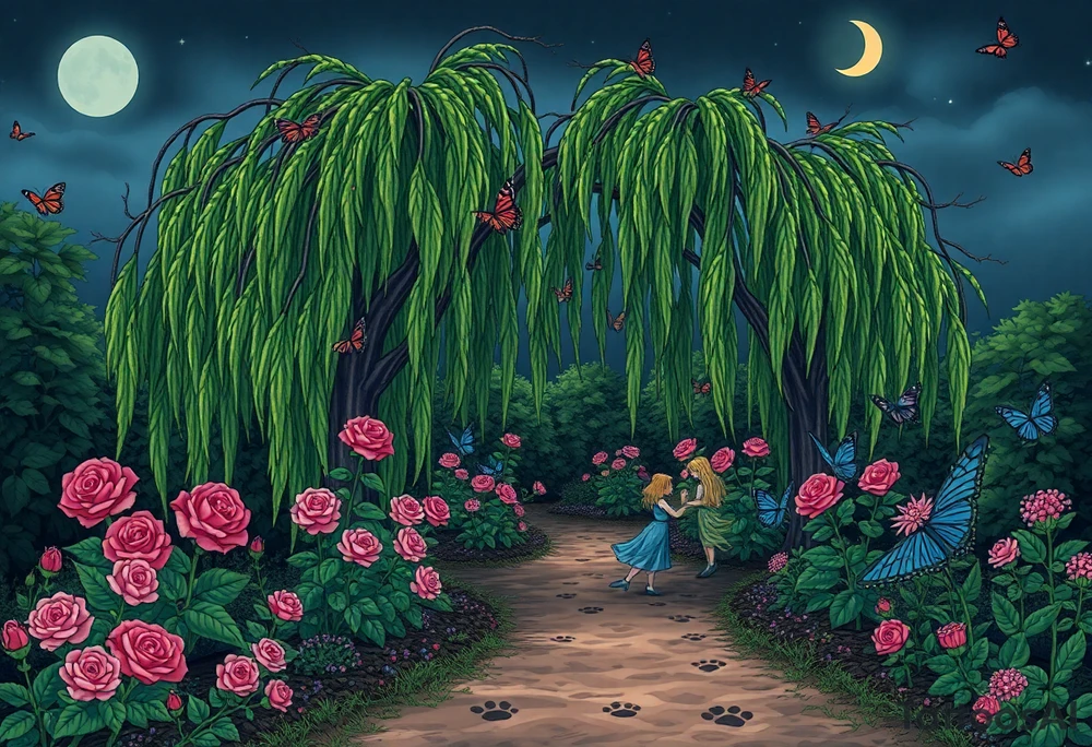 Night time.  weeping willow garden with roses and liles flower beds. fantasy creatures, fairies, mermiads, dragons butterflies,  cat paw prints path in dirt. tattoo idea