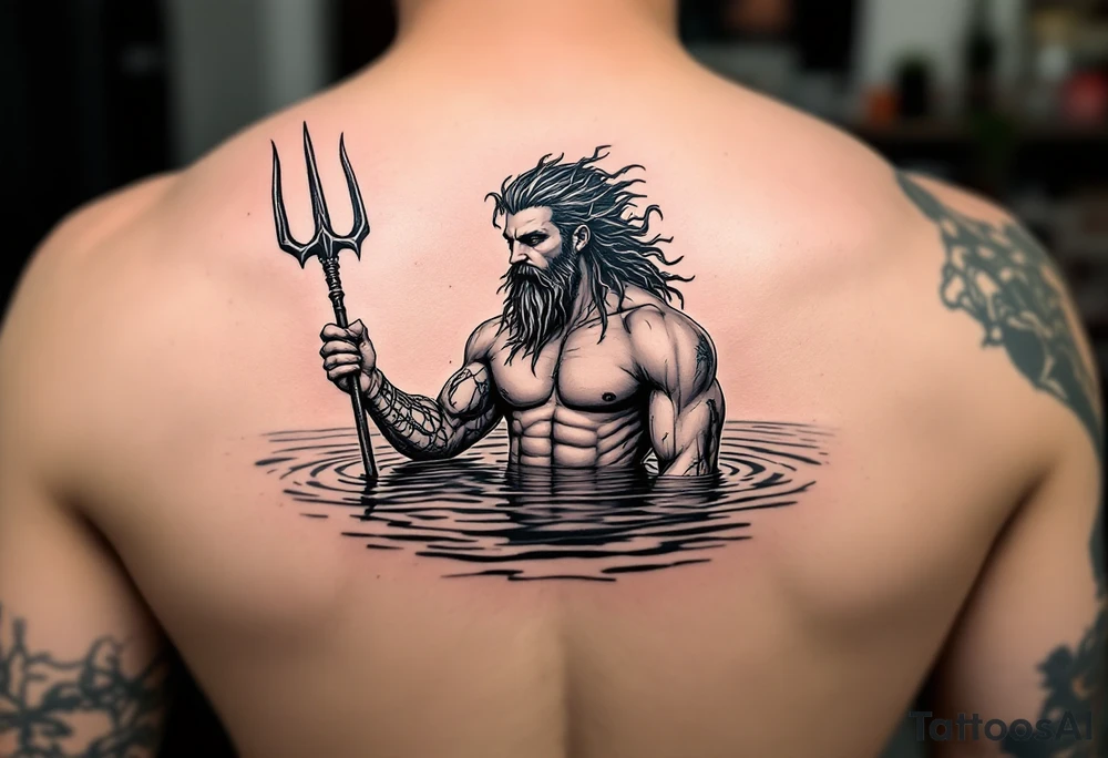 young, fit poseidon in calm water, holding a trident, drinking a beer, with a foot tattoo on his bicep tattoo idea