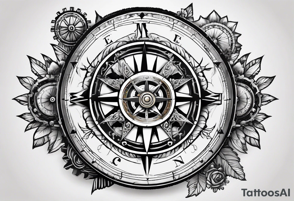 A Vintage compass with gears and marigold flower behind it. tattoo idea
