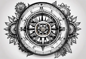 A Vintage compass with gears and marigold flower behind it. tattoo idea