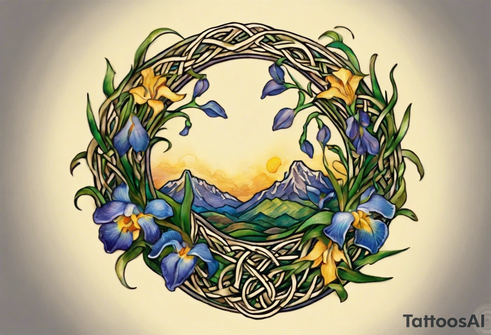 Create a small, colorful Vincent van Gogh Irises tattoo in the form of a crescent, with vines in Celtic knot style gracefully intertwining at a central point in the middle of the wreath. The intended placement is on the upper chest. The middle needs mountains. The overall design should be small in size while maintaining a delicate and artistic aesthetic. Pay attention to the graceful flow of the vines and the placement of the irises to achieve a refined and elegant look. tattoo idea