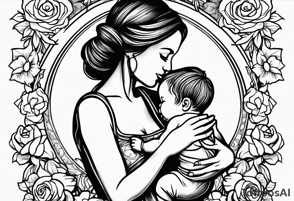 A simple outline of a mom holding her to kids tattoo idea