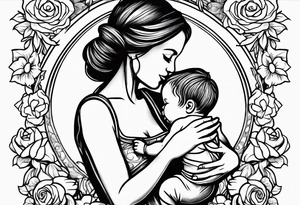 A simple outline of a mom holding her to kids tattoo idea