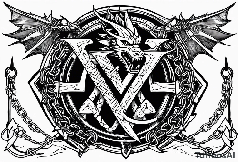 Valhalla sword shield dragon axe Valknut barbed wire chains fire tattoo idea Valhalla sword shield dragon axe Valknut barbed wire chains fire tattoo idea