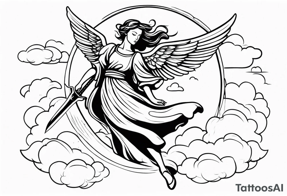 female angel with sword flying in the sky tattoo idea