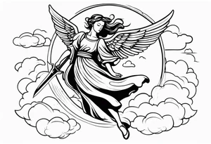female angel with sword flying in the sky tattoo idea