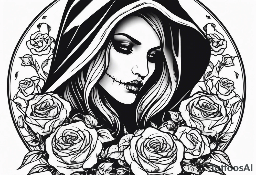 Feminine grim reaper with skulls and roses tattoo idea