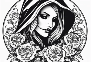 Feminine grim reaper with skulls and roses tattoo idea