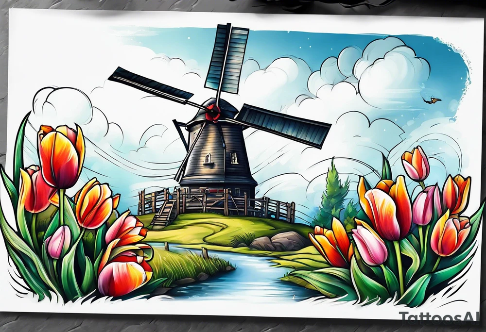 windmill and tulip tattoo idea