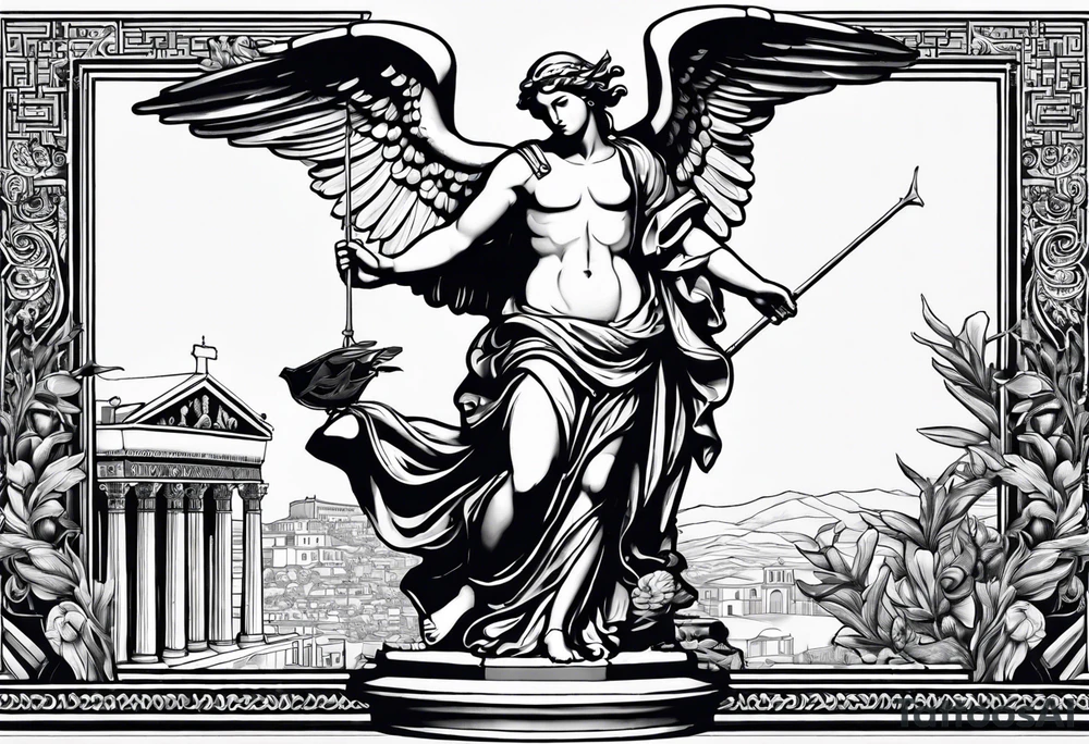 Greek statue with architectural buildings include an angel and swallows. You can use red ink as an accent. tattoo idea