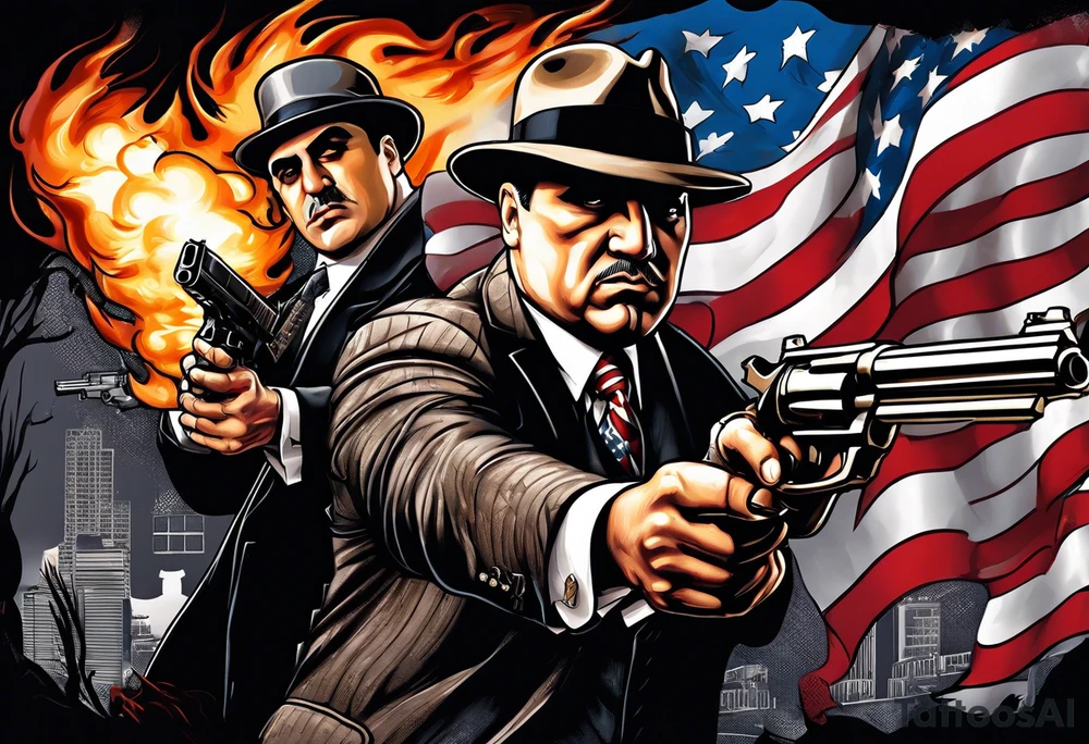 capone style gangsters battling with machine guns against a dark flame background with an angry eagle swooping in with american flag and sexy women tattoo idea
