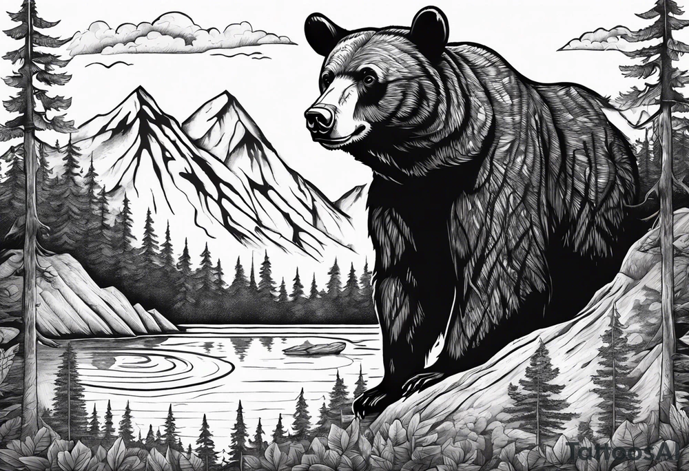 black bear over a forest with a lake below tattoo idea black bear over a forest with a lake below tattoo idea