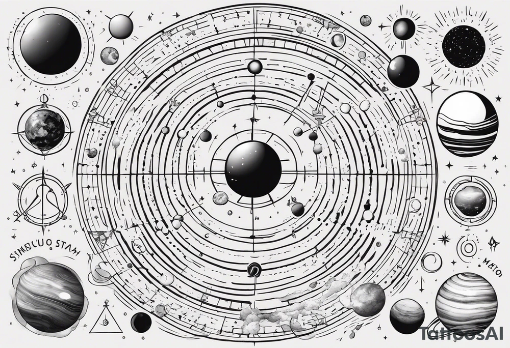 The symbols of the elements of the solar system are arranged in order of distance from the sun. The symbols should be stylized as the logo 30 seconds to Mars tattoo idea