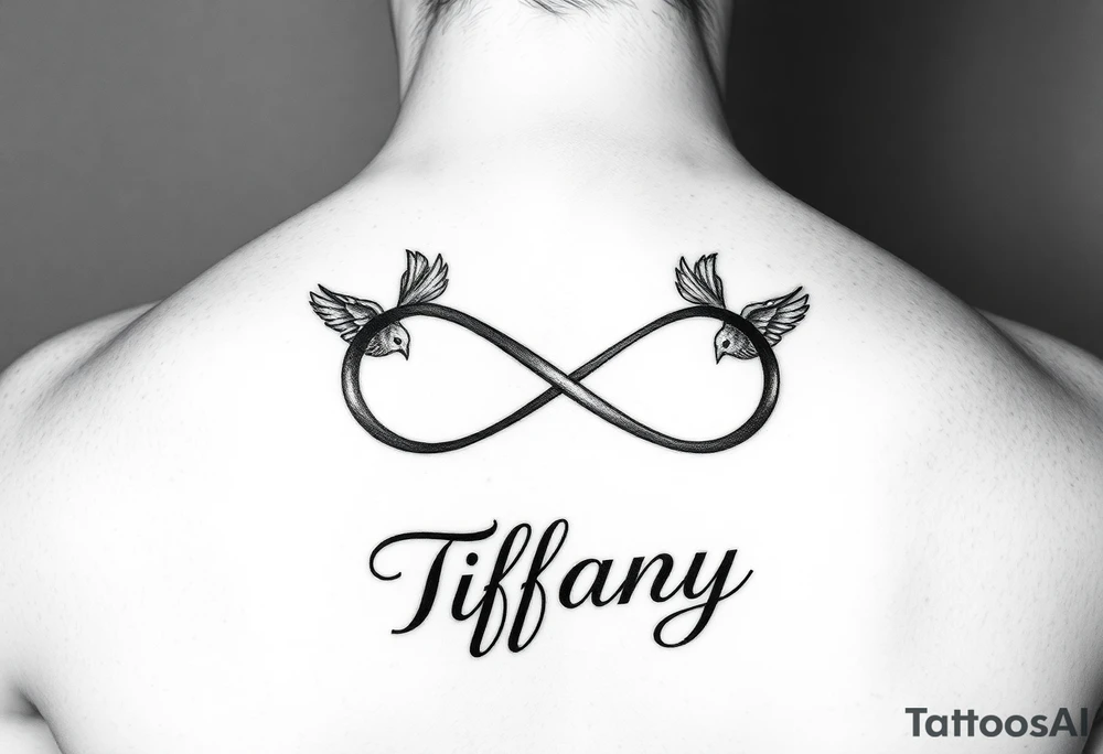 Infinity symbol with birds and the name Tiffany attached to the symbol tattoo idea