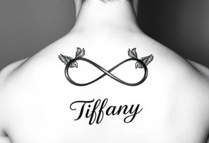 Infinity symbol with birds and the name Tiffany attached to the symbol tattoo idea