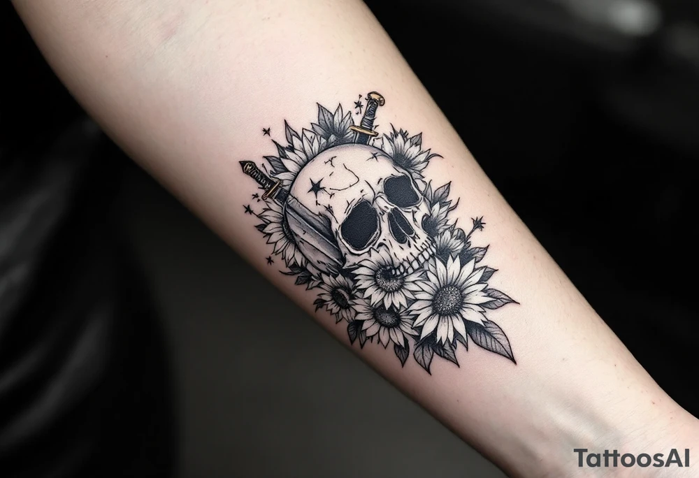 Skull, dagger piercing a heart with roses and sunflowers tattoo idea