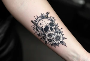 Skull, dagger piercing a heart with roses and sunflowers tattoo idea