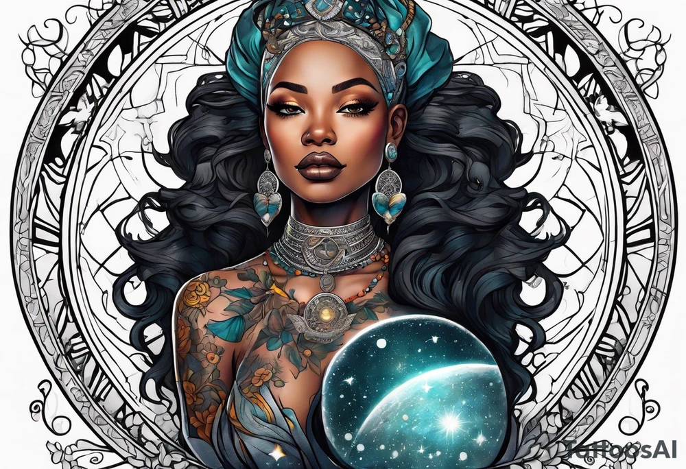 Black woman, enlightenment, wisdom, astronomy, cancer zodiac, natural, full arm tattoo idea