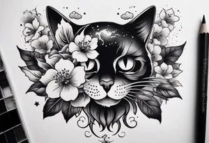 Old school flower skull , small ghost cat with lightning cloud, cherry blossoms, and bouquet of flowers with smoke as a filler in between each image tattoo idea