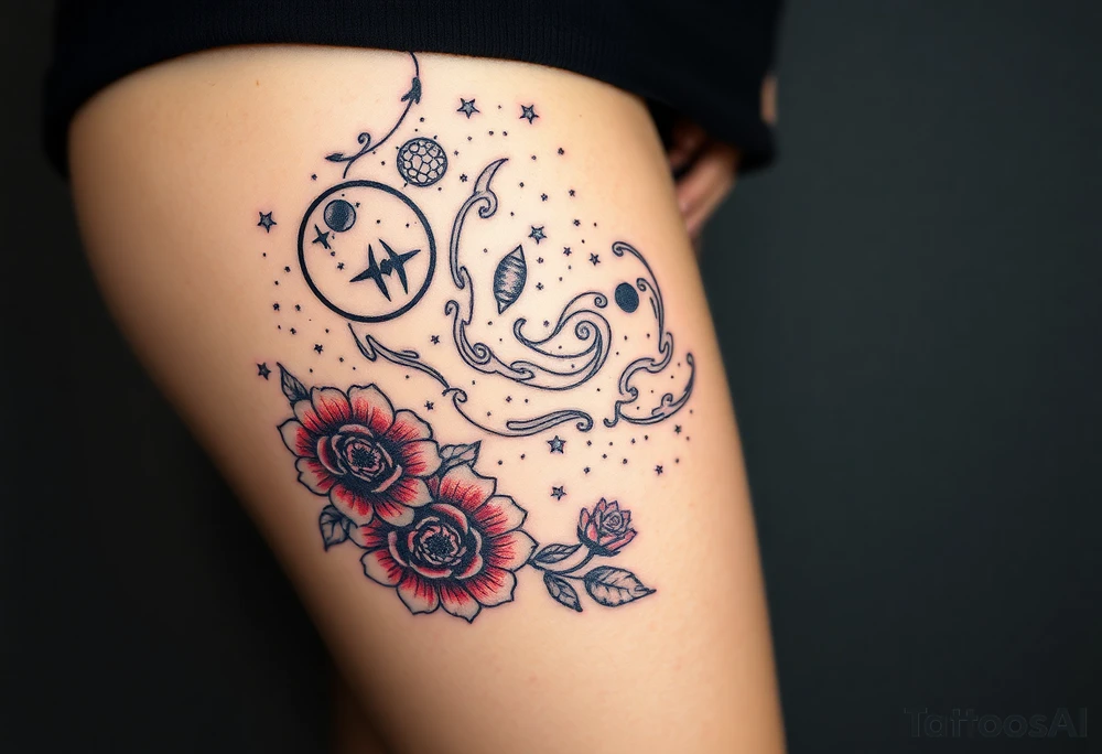 Milky way galaxy with planets with zodiac symbols and protection runes in it with red roses and sunflowers tattoo idea