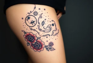 Milky way galaxy with planets with zodiac symbols and protection runes in it with red roses and sunflowers tattoo idea
