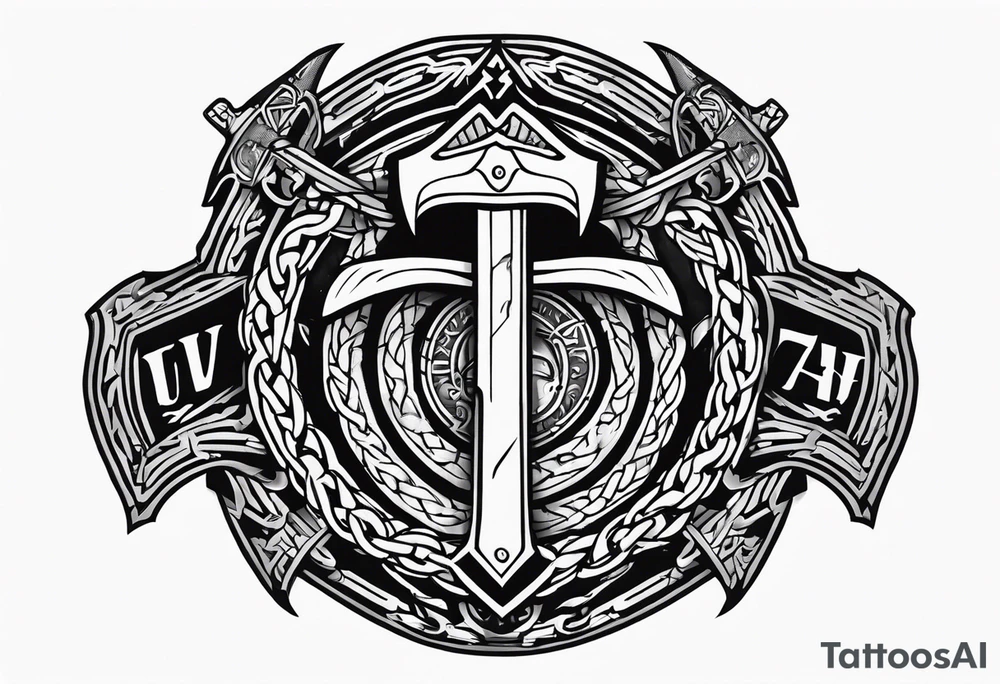 Valhalla round shield axe barbed wire chains tattoo idea