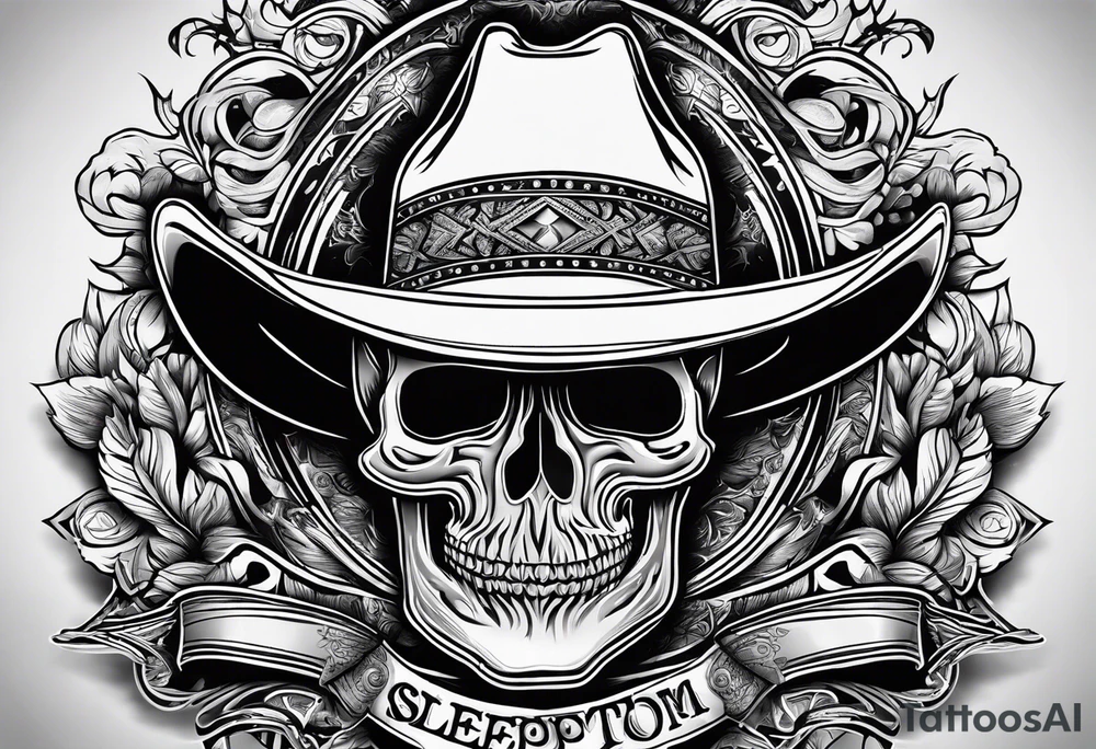Ruggred cross with a cowboy hat that says sleep through the storm tattoo idea