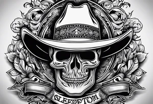 Ruggred cross with a cowboy hat that says sleep through the storm tattoo idea