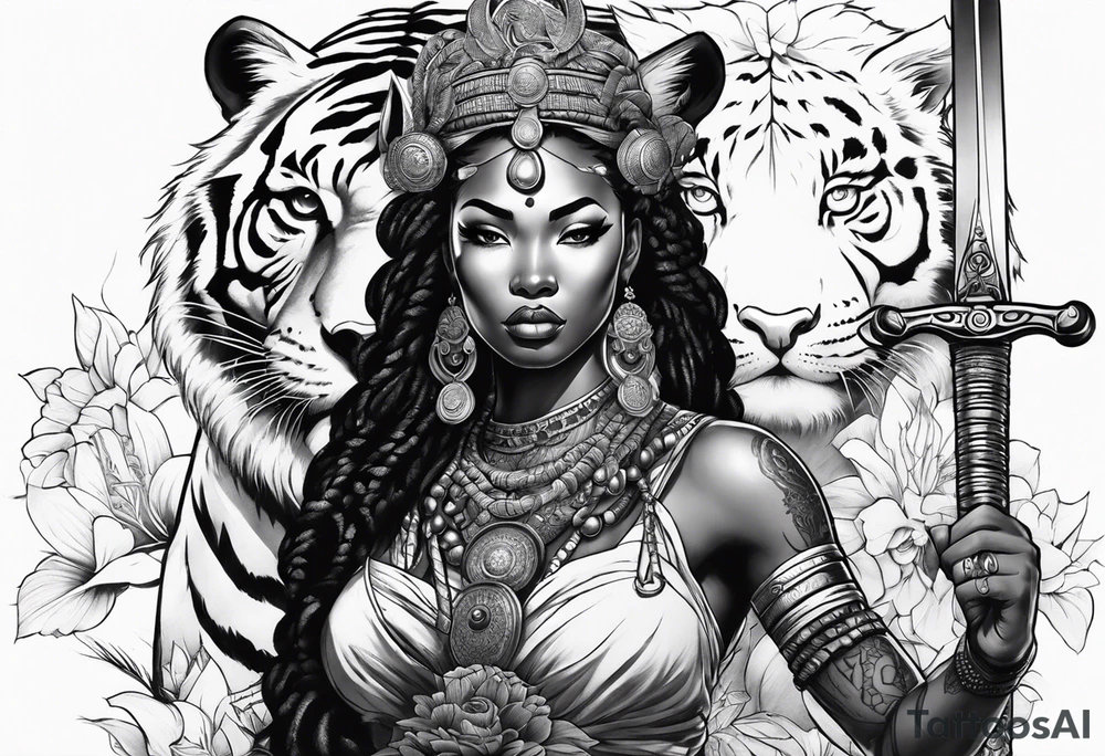 African goddess with sword Japanese traditional style full sleeve with tiger tattoo tattoo idea
