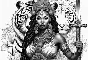 African goddess with sword Japanese traditional style full sleeve with tiger tattoo tattoo idea