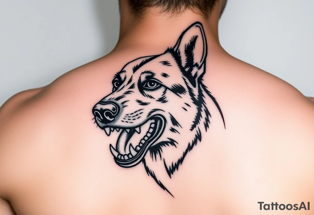 German Shepherd snarling with mouth open and barred teeth. tattoo idea