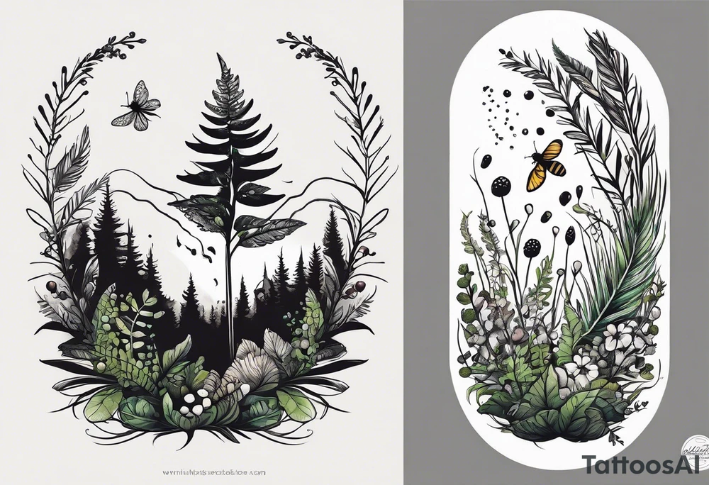 forest floor inspired minimalist tattoo, which includes grass, curly ferns, moss and dead leaves as the bulk of the tattoo. details to include: forest berries, a tiny bumblebee flying nearby, three small brown mushrooms
Generate a vertically long one tattoo idea