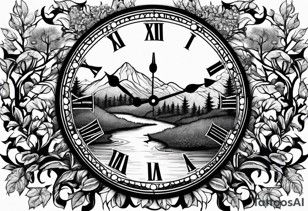 Clock centerpiece surrounded by trees tattoo idea