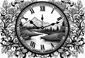 Clock centerpiece surrounded by trees tattoo idea