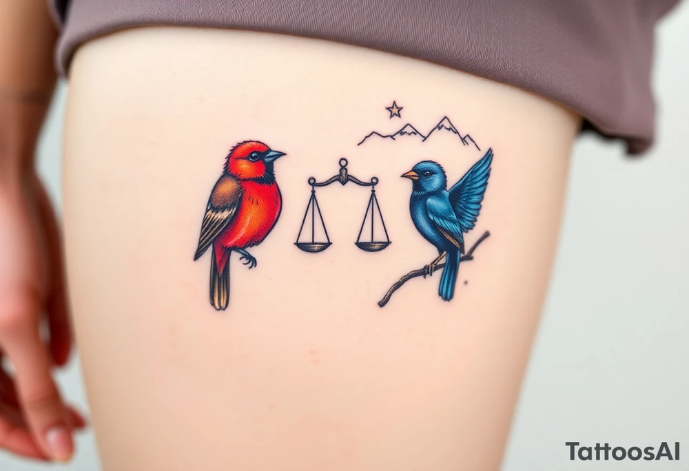 2 birds as the focus, 1 red bird in a suit, 1 navy blue bird with glasses, scales of justice in a tree, starry night painting and mountain background tattoo idea