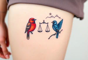 2 birds as the focus, 1 red bird in a suit, 1 navy blue bird with glasses, scales of justice in a tree, starry night painting and mountain background tattoo idea
