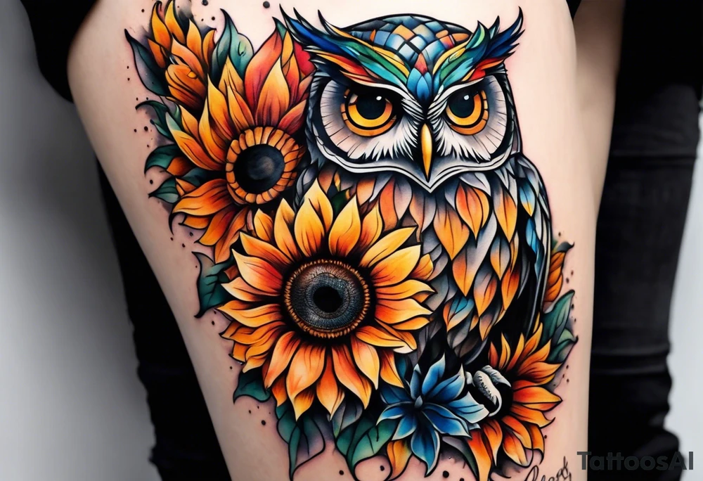 Leg sleeve with colorful sunflowers and an owl tattoo idea