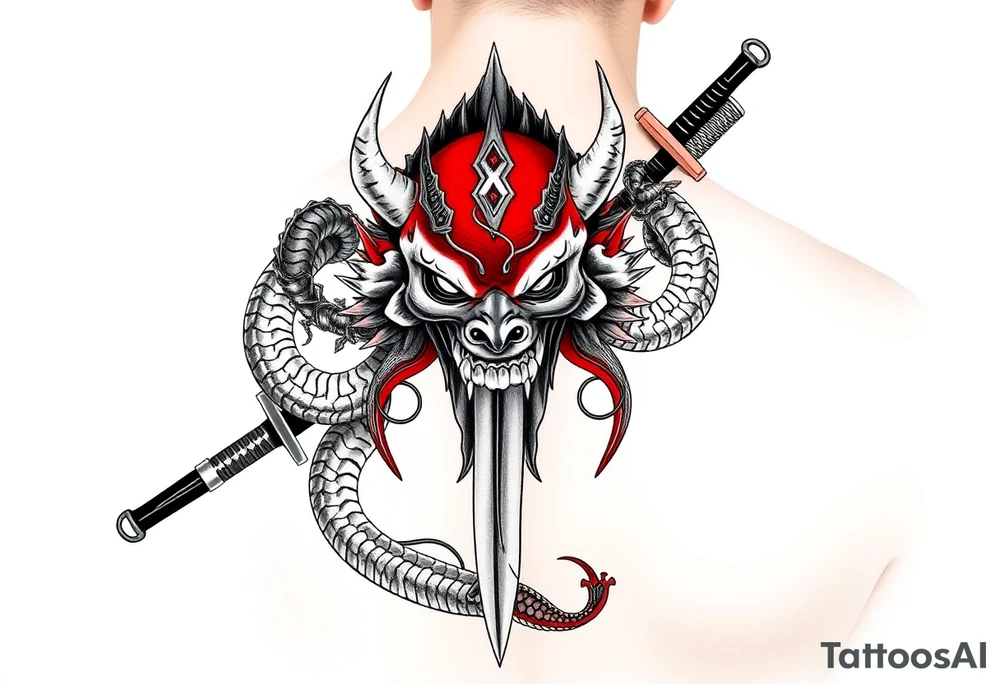 Back Tattoo with An Oni With a broken mask and a Sword, Dragons & snakes tattoo idea